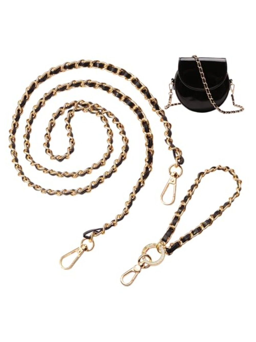 Metal Purse Chain Strap Replacement Alloy and Faux Leather with Rhinestone